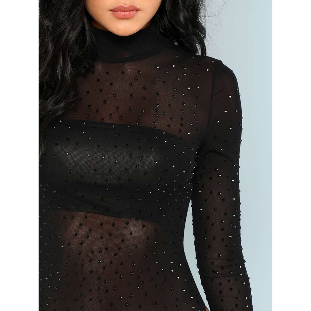 Black Long Sleeve Mesh Rhinestones Sheer Bodysuit - Picture 4 of 6